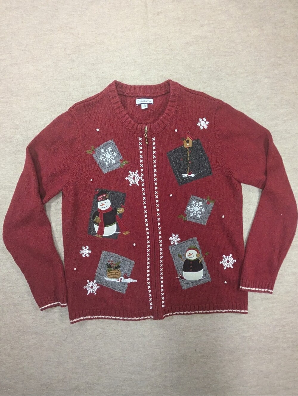 croft & barrow Vintage Red Snowman Winter Motif Embroidered Zip Cardigan Med